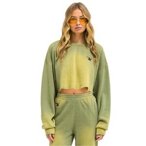Aviator Nation Essential Cropped Crew Sweatshirt Relaxed - Faded Army Green